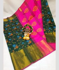 dark green and coral colour tripura silk sarees with Pochampally Border design