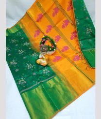 green and orange colour tripura silk sarees with Pochampally Border design