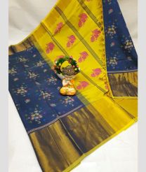 olive green and blue colour tripura silk sarees with Pochampally Border design