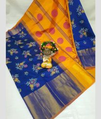 orange and blue colour tripura silk sarees with Pochampally Border design