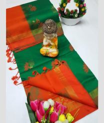 green and orange colour tripura silk sarees with All over Buttas design