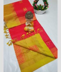 coral colour tripura silk sarees with All over Buttas design