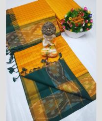 orange and blue colour tripura silk sarees with Pochampally Border design