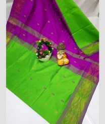 green and purple colour tripura silk sarees with all over nakshatra buttas design