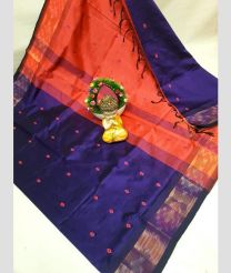 coral and blue colour tripura silk sarees with all over nakshatra buttas design