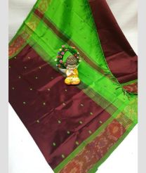 coffee and green colour tripura silk sarees with all over nakshatra buttas design