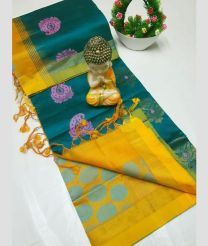 blue and olive colour tripura silk sarees with All over Buttas design