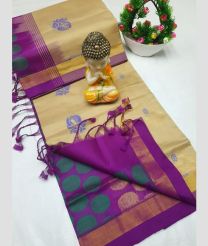 cream and purple colour tripura silk sarees with All over Buttas design