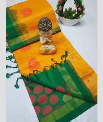 orange and green colour tripura silk sarees with All over Buttas design