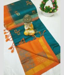 blue and orange colour tripura silk sarees with All over Buttas design