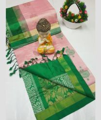 pink and green colour tripura silk sarees with All over Buttas design