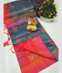 gray and red colour tripura silk sarees with All over Buttas design