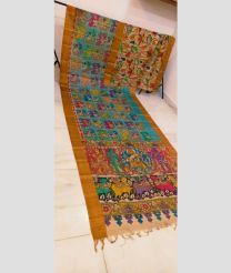 Blue Turquoise and Golden Brown tussar sarees with All over Hand Paint Pen Kalamkari design