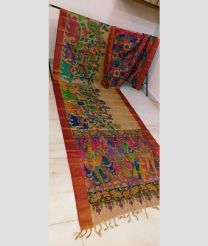 Cream and Crimson tussar sarees with All over Hand Paint Pen Kalamkari design