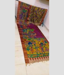 Magenta and Yellow tussar sarees with All over Hand Paint Pen Kalamkari design