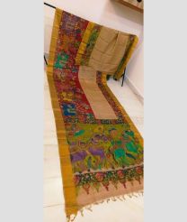 Cream and Lite Parrot Green tussar sarees with All over Hand Paint Pen Kalamkari design