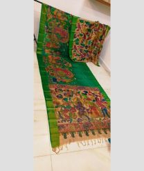 Green and Cream tussar sarees with All over Hand Paint Pen Kalamkari design