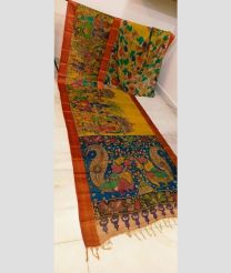 Yellow and Blue tussar sarees with All over Hand Paint Pen Kalamkari design