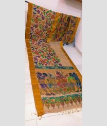 Cream and Yellow tussar sarees with All over Hand Paint Pen Kalamkari design