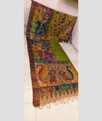 Parrot Green and Chocolate tussar sarees with All over Hand Paint Pen Kalamkari design