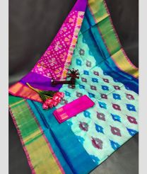 light blue colour uppada pattu sarees with All over Pochampally design