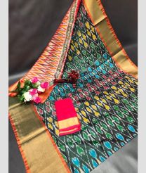 cyan and charcoal colour uppada pattu sarees with All over Pochampally design
