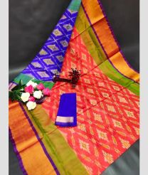 coral red colour uppada pattu sarees with All over Pochampally design