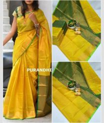 yellow and green colour uppada pattu sarees with Plain design
