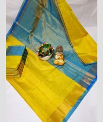 cyan and yellow colour uppada pattu sarees with Plain design