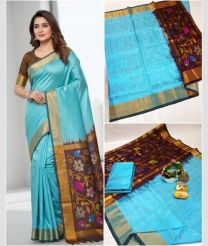 cyan colour uppada pattu sarees with All over design