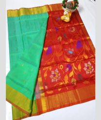 cyan and maroon colour uppada pattu sarees with All over design