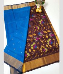 blue and brown colour uppada pattu sarees with All over design