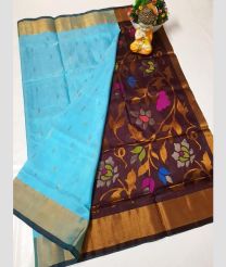 cyan and brown colour  uppada pattu sarees with All over design