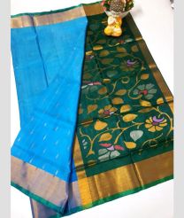 cyan and green colour uppada pattu sarees with All over design