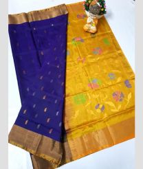 blue and yellow colour uppada pattu sarees with All over design