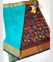 cyan and brown colour uppada pattu sarees with All over design