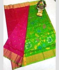 coral red and green colour uppada pattu sarees with All over design