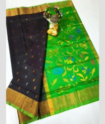 green and charcoal colour uppada pattu sarees with All over design