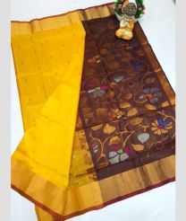 yellow and brown colour  uppada pattu sarees with All over design