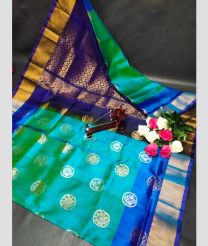 cyan and brown colour uppada pattu sarees with All over Buttas design