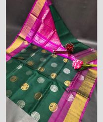green an pink colour uppada pattu sarees with All over Buttas design