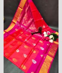 orange and brown colour uppada pattu sarees with All over Buttas design