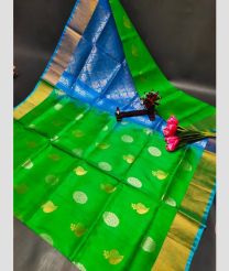 green and silver colour uppada pattu sarees with All over Buttas design