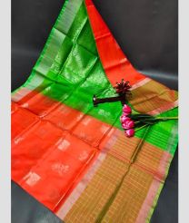 orange and green colour uppada pattu sarees with All over Buttas design