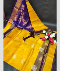 yellow and brown colour uppada pattu sarees with All over Buttas design