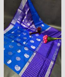 blue and silver colour uppada pattu sarees with All over Buttas design