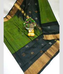 green and charcoal colour uppada pattu sarees with All over Buttas design