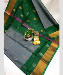 gray and green colour uppada pattu sarees with All over Buttas design