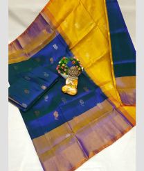 yellow and blue colour uppada pattu sarees with All over Buttas design
