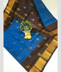 blue and charcoal colour uppada pattu sarees with All over Buttas design